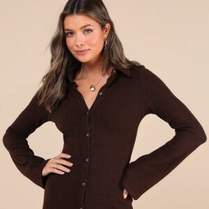 Lulus Cuddly Sweetness Brown Button-front Sweater Mini Dress - Size M